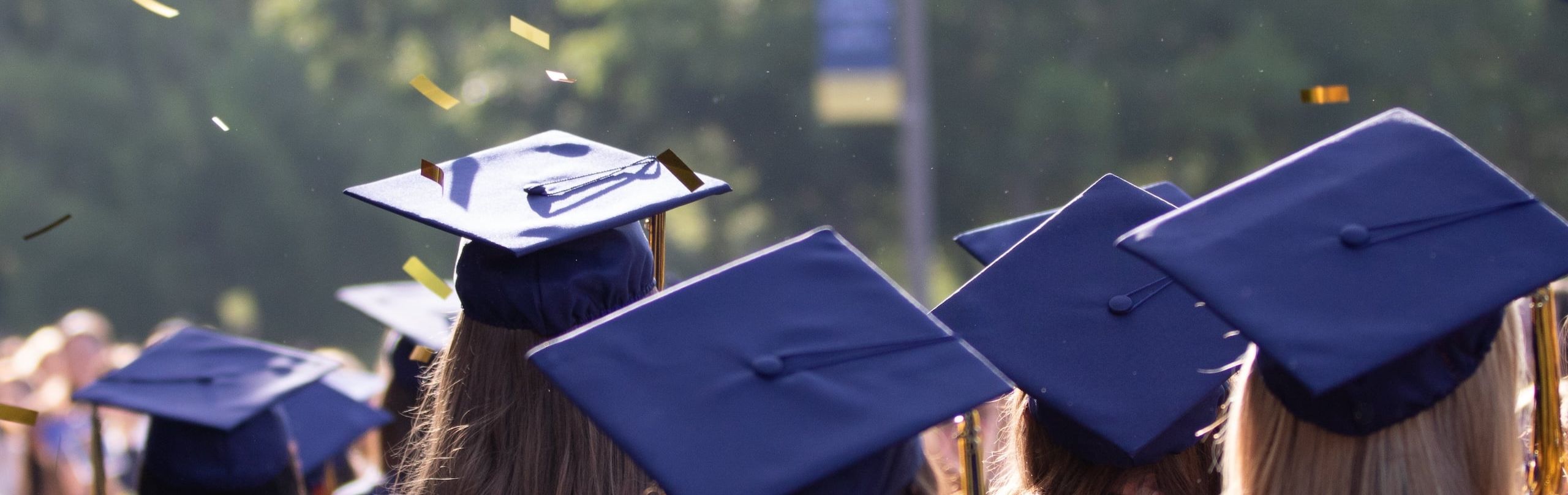 A photo of graduation caps on students taken from the back whilst confetti floats in the air above them